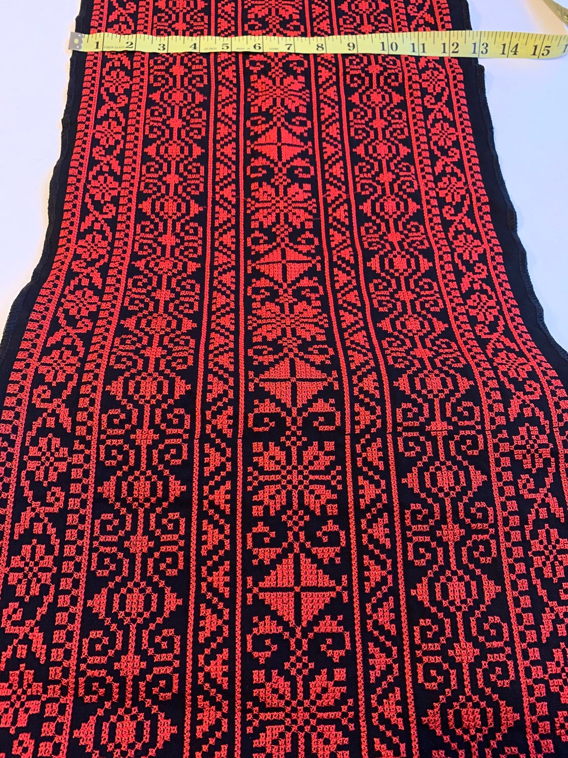 Fabric: Authentic Jordanian Tatreez Cross-Stitch Embroidery, Red/Black. Made in Jordan, Sold by the Yard