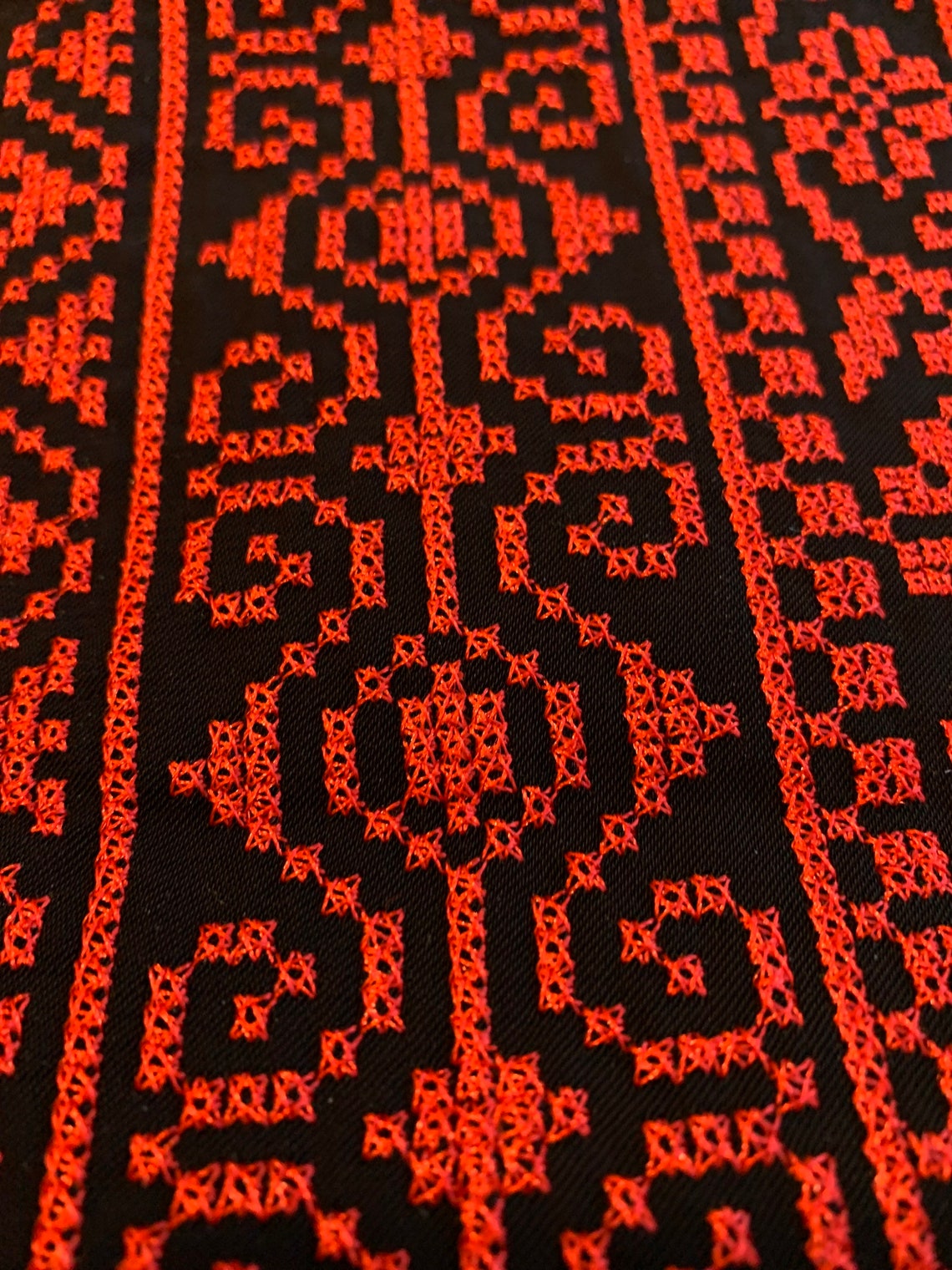 Fabric: Authentic Jordanian Tatreez Cross-Stitch Embroidery, Red/Black. Made in Jordan, Sold by the Yard