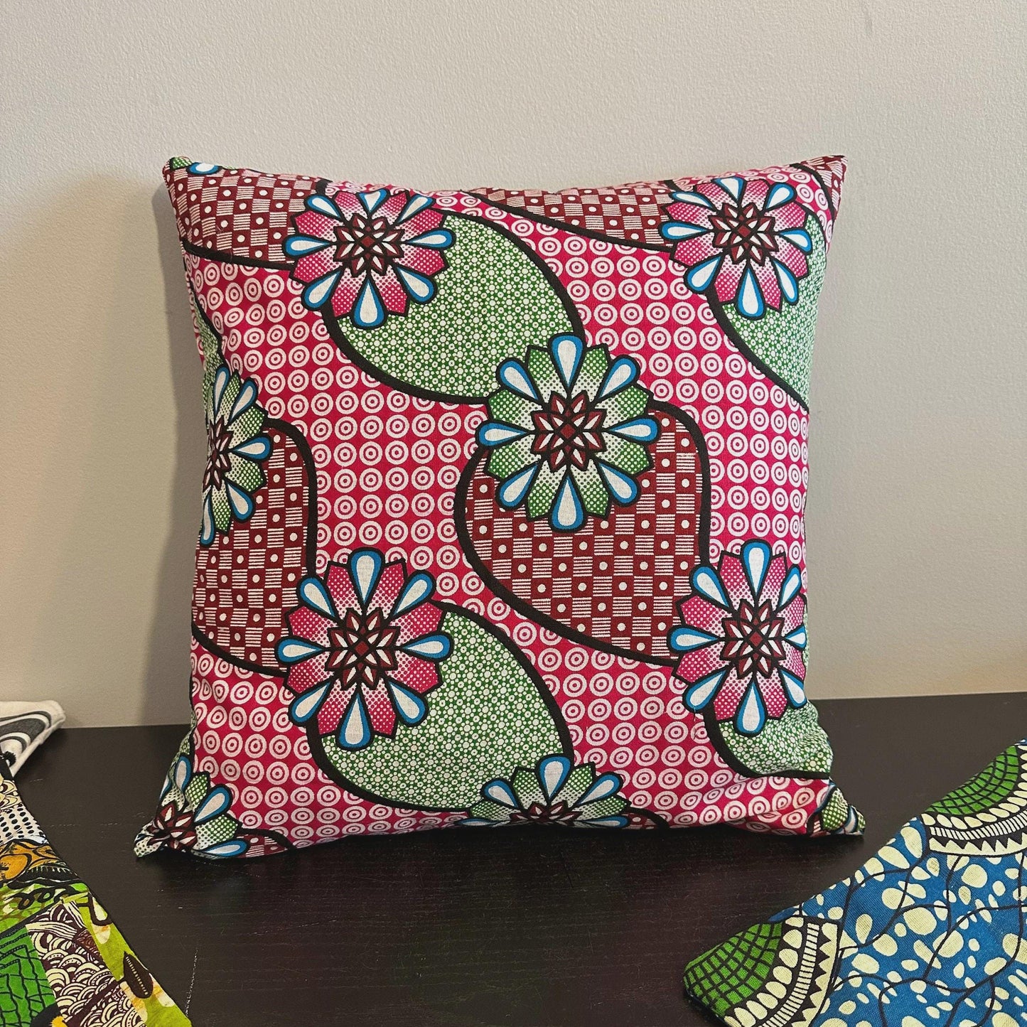 African Ankara Fabric Strawberry Pillow Cover, 16 x 16 inches