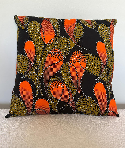 African Wax Fabric, Orange Ember Flow 18-Inch Square Pillow Cover
