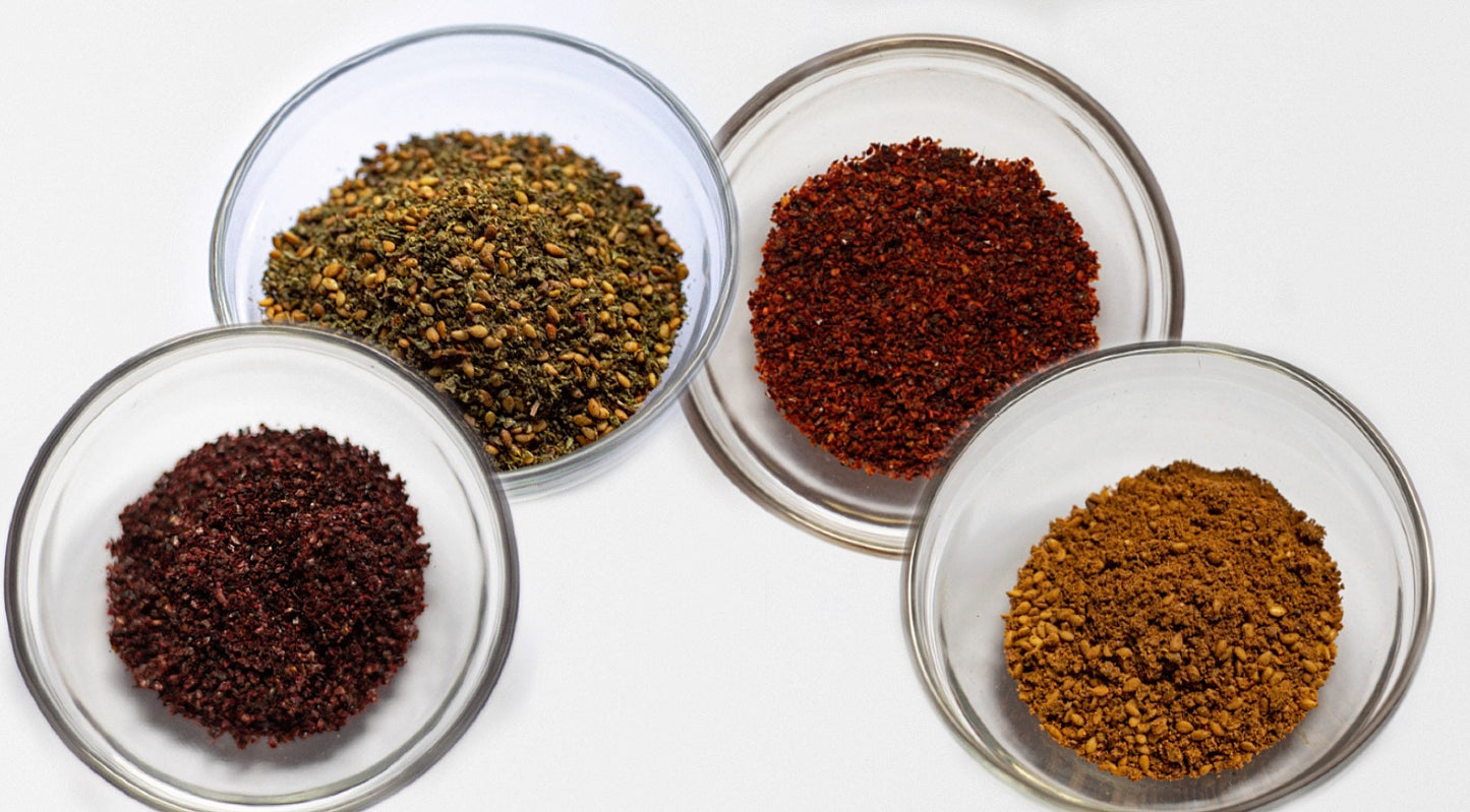 Set of Middle Eastern Spices:  Zaatar, Aleppo Pepper, Sumac and Dukkha