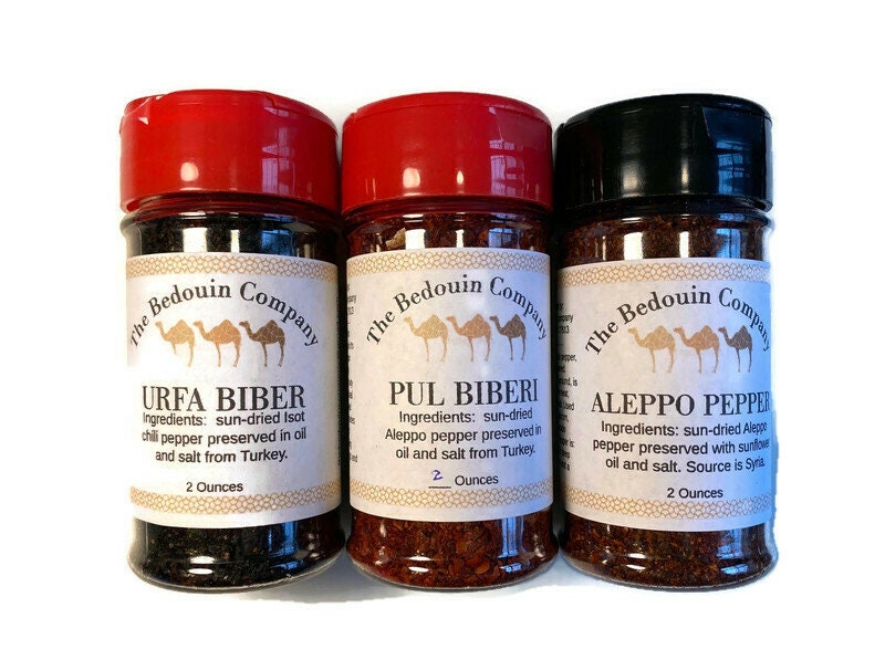 Pepper Trio: Authentic Turkish Pul Biber, Syrian Aleppo Pepper, and Turkish Urfa Biber, Middle Eastern Seasonings, 2 Ounces Each