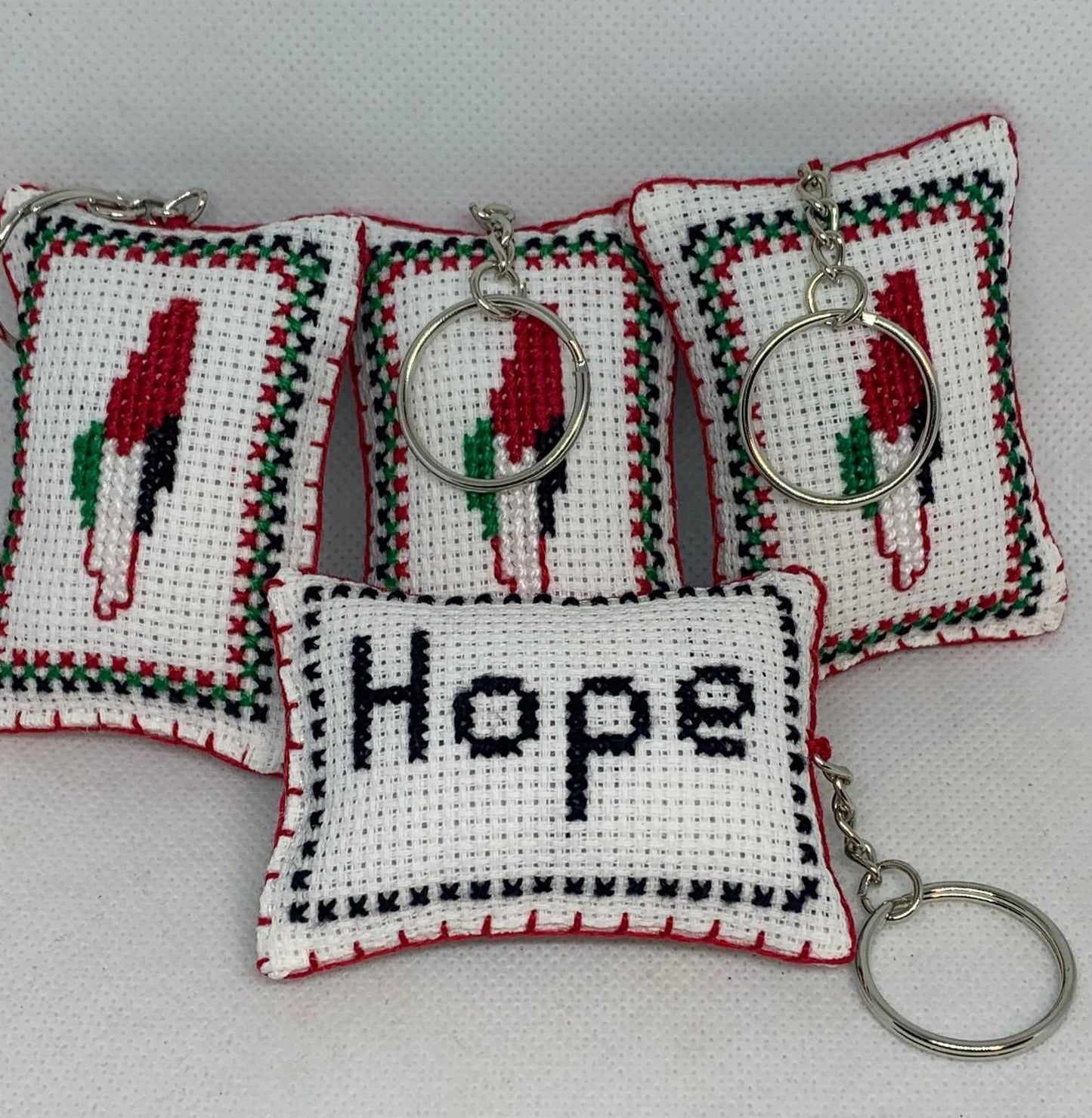 Jordanian Palestinian Tatreez Cross-Stitch Embroidery Keychain with Palestinian Map and Hope Design