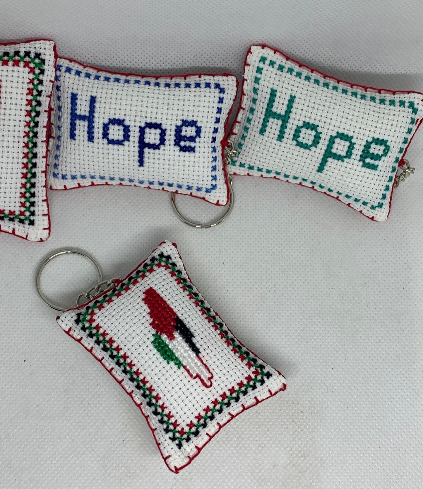 Jordanian Palestinian Tatreez Cross-Stitch Embroidery Keychain with Palestinian Map and Hope Design
