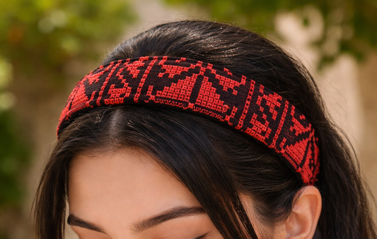 Red and Black Tatreez Headband, with Elastic