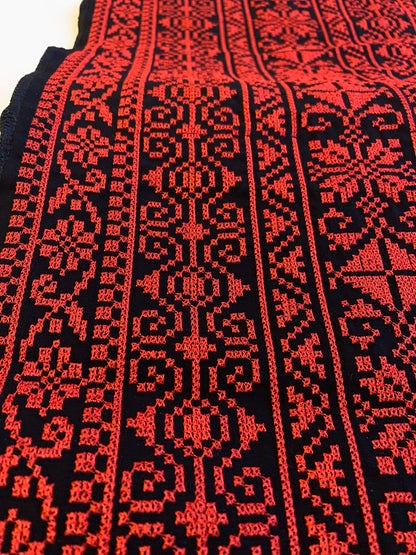 Fabric:  Authentic Jordanian Tatreez Cross-Stitch Embroidery, Red/Black. Made in Jordan, Sold by the Yard