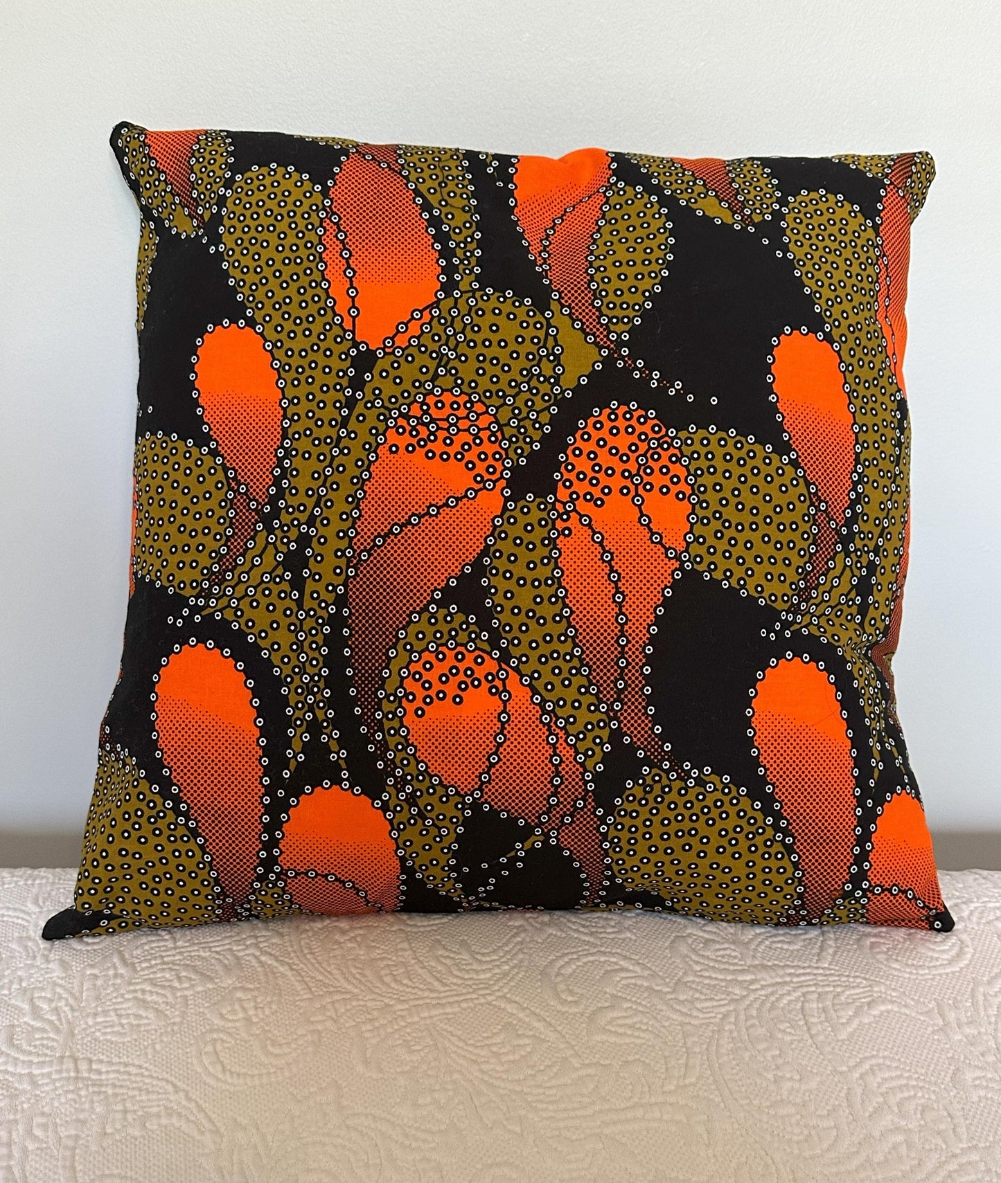 African Wax Fabric, Orange Ember Flow 18-Inch Square Pillow Cover