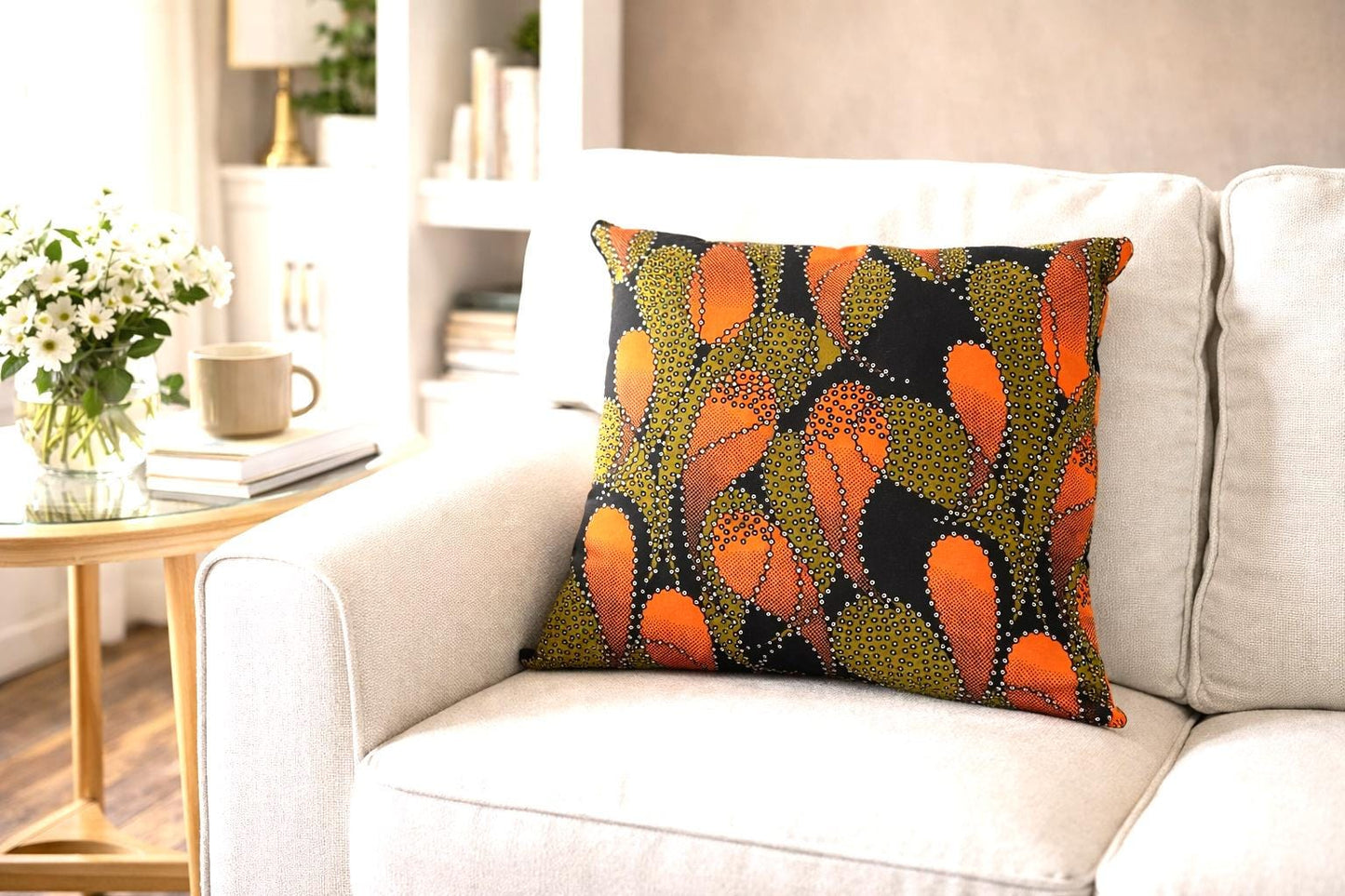African Wax Fabric, Orange Ember Flow 18-Inch Square Pillow Cover