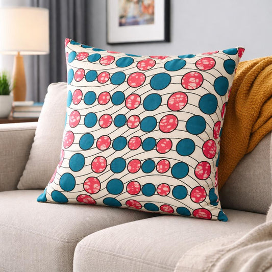 African Wax Fabric Pink and Teal Circles, 16-Inch Square Pillow Cover