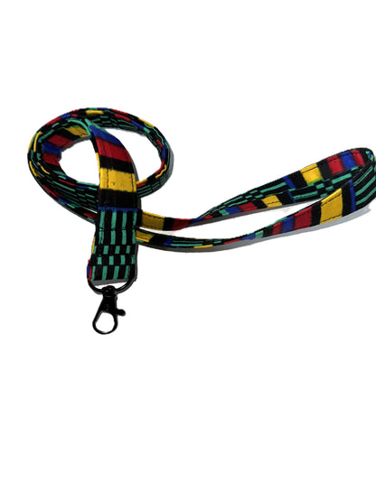 Kente-Inspired Print Lanyard, Green and Black – African Fabric Key Holder, ID Strap
