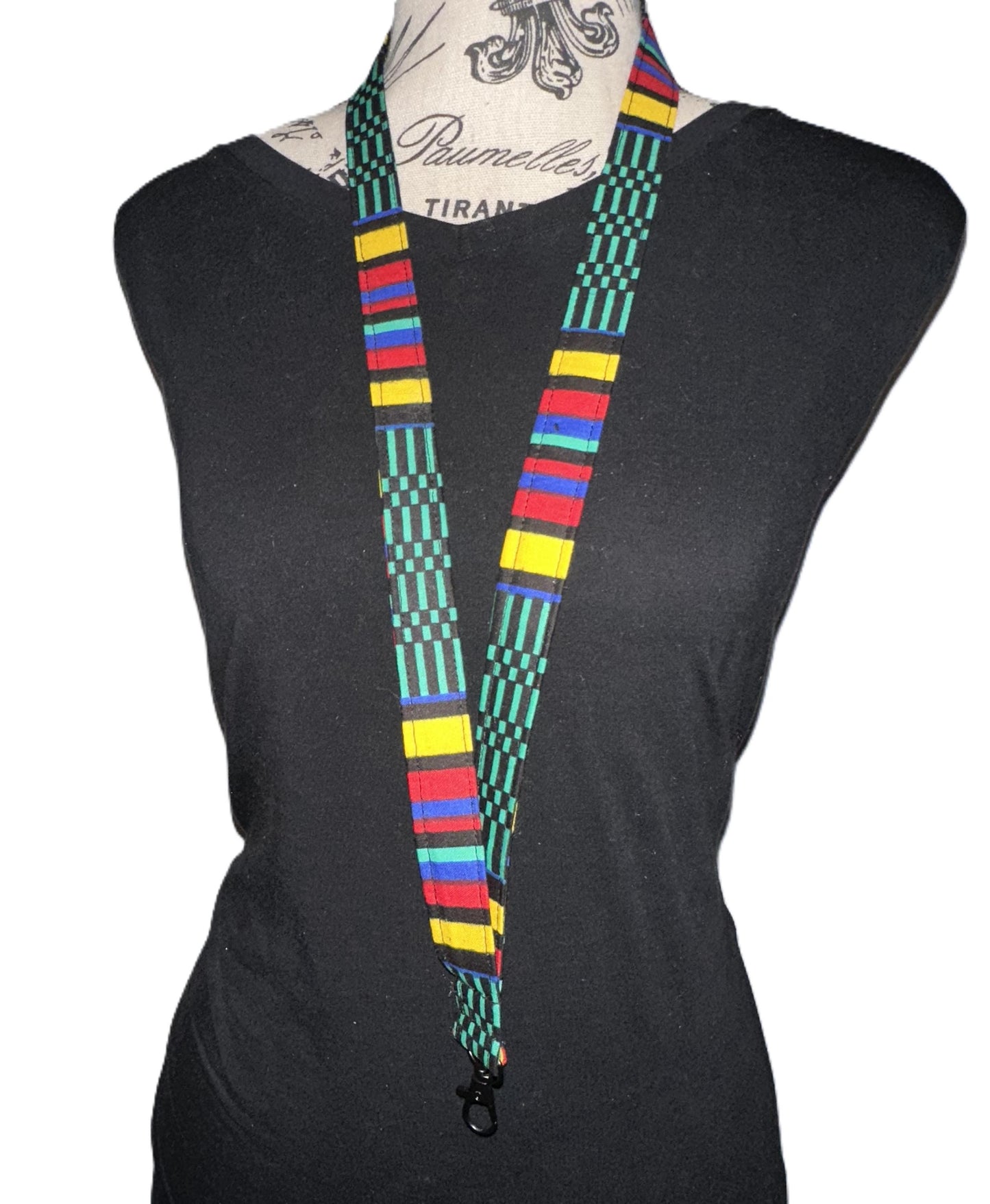 Kente-Inspired Print Lanyard, Green and Black – African Fabric Key Holder, ID Strap