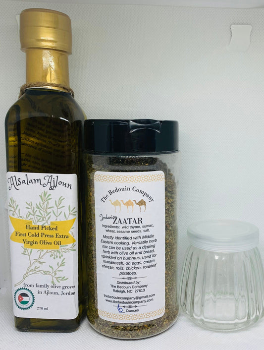 November 2023 Harvest:  250 ml Jordanian Olive Oil, Jordanian Zaatar with Jar to Mix and Store Zaatar Spread