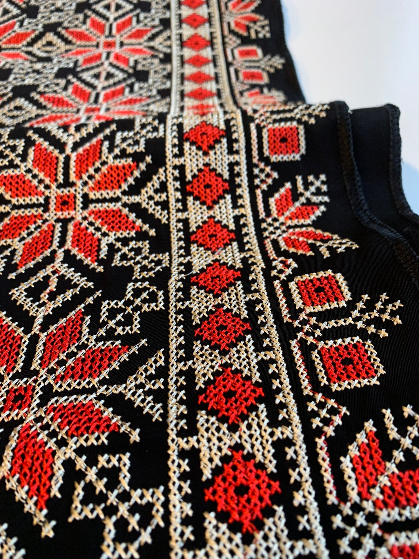 Fabric: Authentic Jordanian/Palestinian Tatreez, Red Floral with Gold on Black