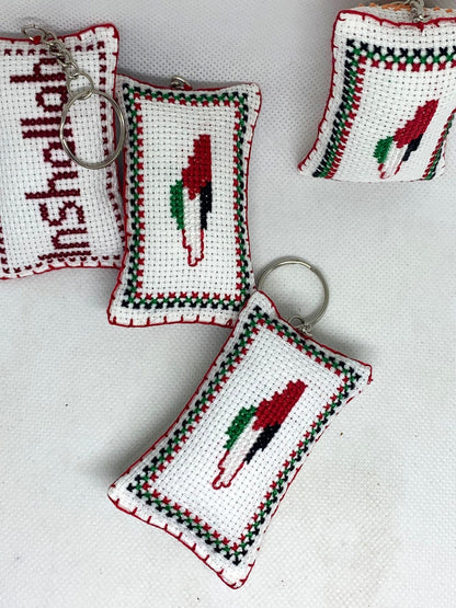 Authentic Jordanian Palestinian Map Tatreez Embroidery Keychain "Inshallah" "God Willing"